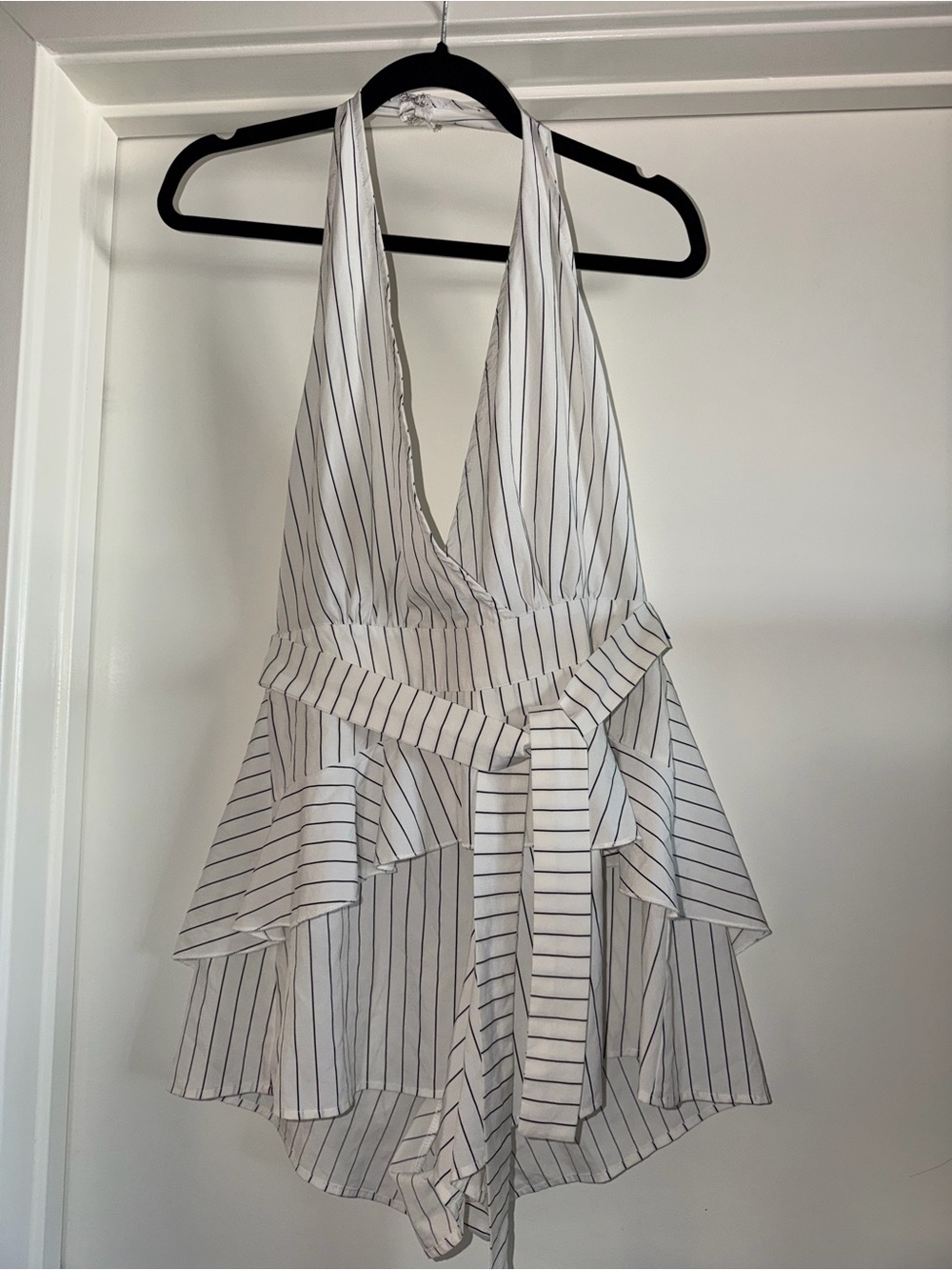 Striped White Halter Ruffle romper with Waist Tie